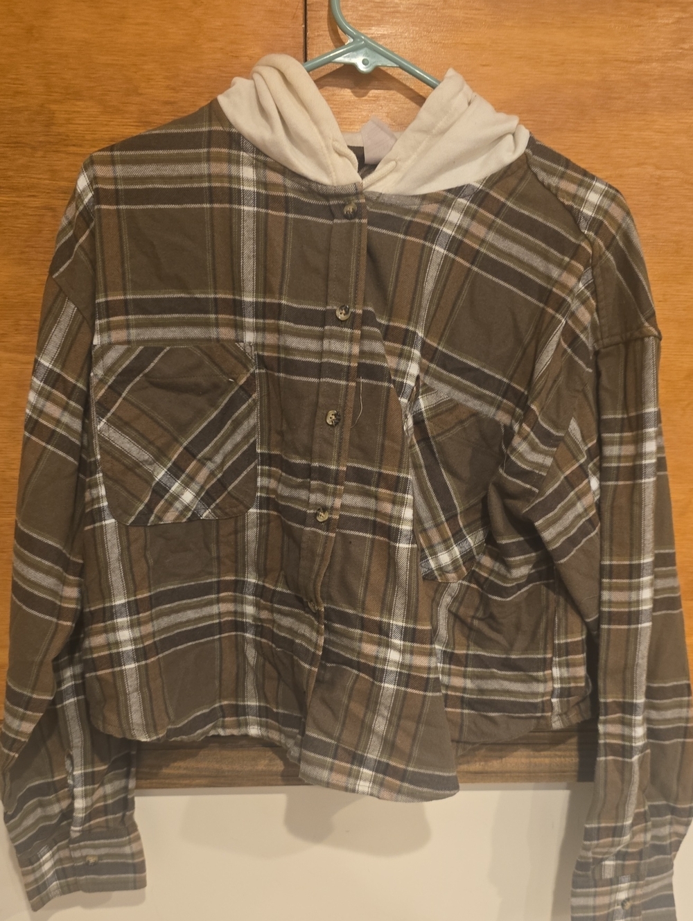 Woman Plaid Hooded Jacket in Olive Brown